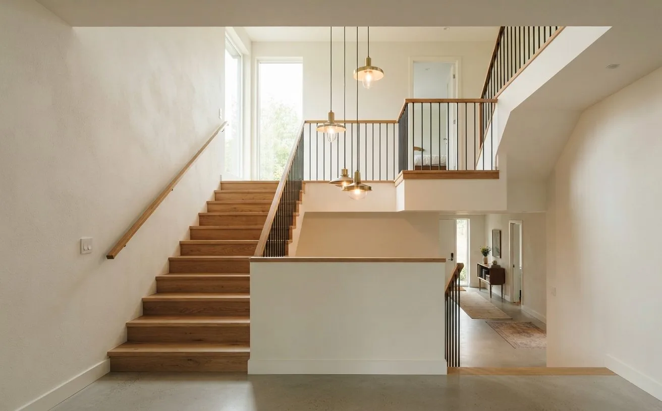 Modernes offenes Treppenhaus mit Pendelleuchte über dem Treppenauge