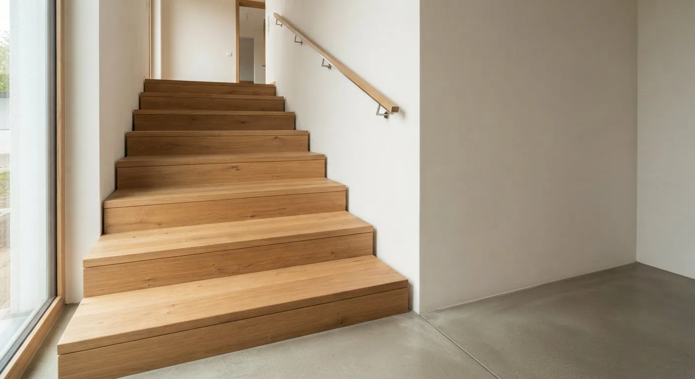 Betontreppe mit Holzverkleidung im Innenbereich