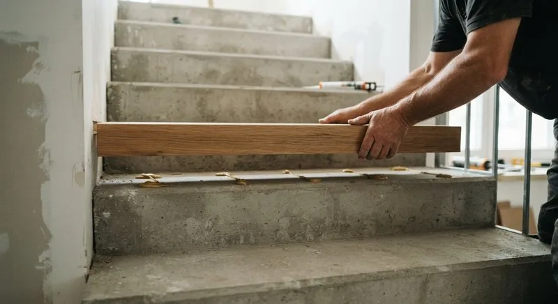 Verkleben einer Holzstufe auf einer Betontreppe
