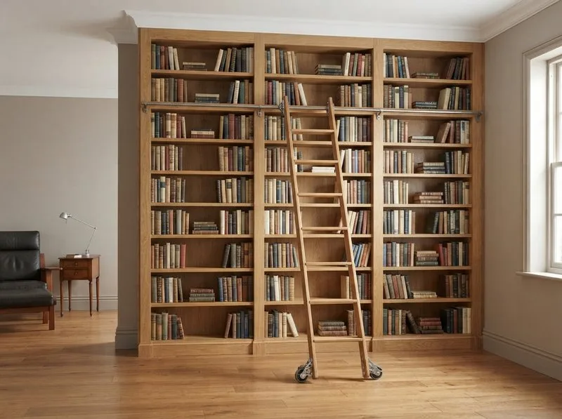 Fahrbare Regalleiter ohne feste Schiene vor einem Bücherregal