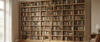Bibliotheksleiter mit Schienensystem vor einem hohen Bücherregal