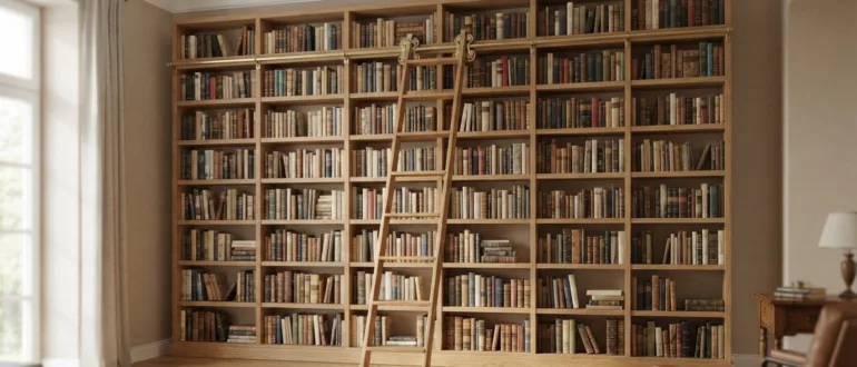 Bibliotheksleiter mit Schienensystem vor einem hohen Bücherregal