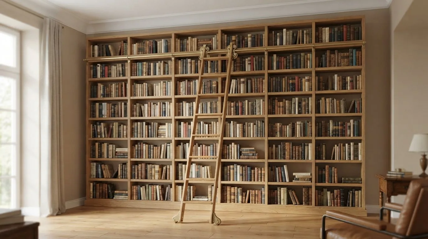 Bibliotheksleiter mit Schienensystem vor einem hohen Bücherregal