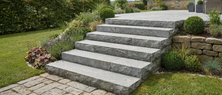 Außentreppe aus grauen Granit-Blockstufen im Garten