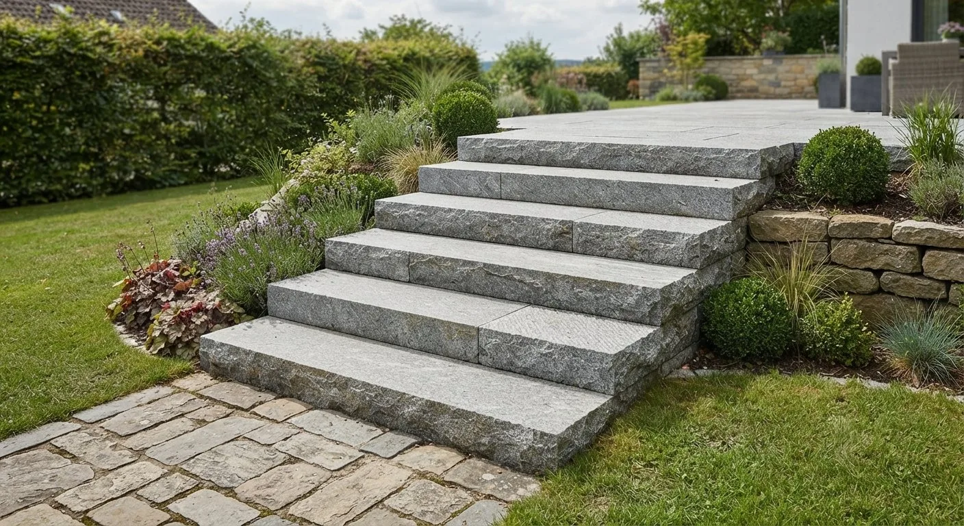 Außentreppe aus grauen Granit-Blockstufen im Garten