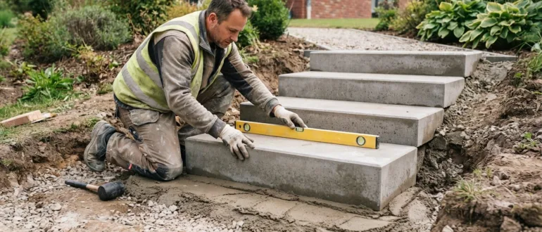 Handwerker beim Setzen einer Blockstufe mit Wasserwaage und Gummi-Schonhammer