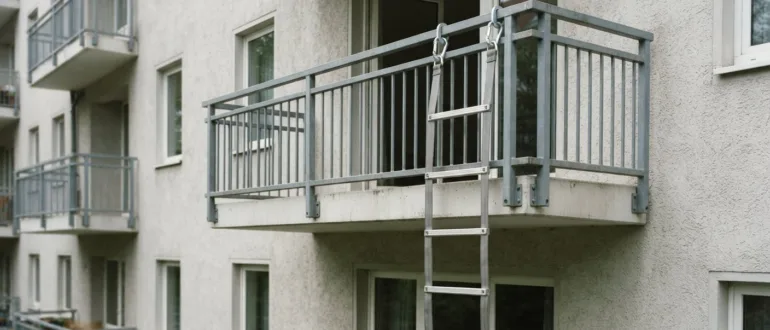 Mobile Feuerleiter mit Karabinerhaken am Balkongeländer befestigt