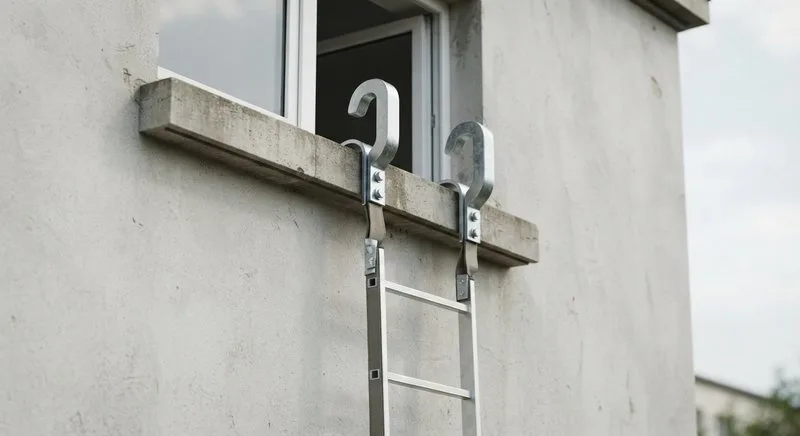 Stahlhaken einer Feuerleiter in einer Fensterbrüstung an der Hauswand eingehängt