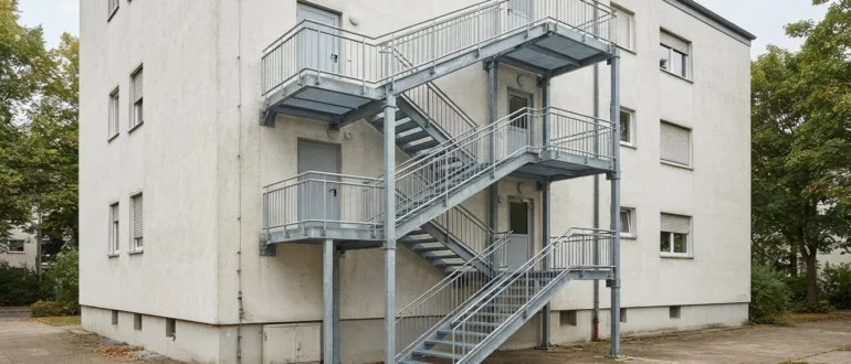 Fluchttreppe aus Stahl an der Außenwand eines mehrgeschossigen Gebäudes