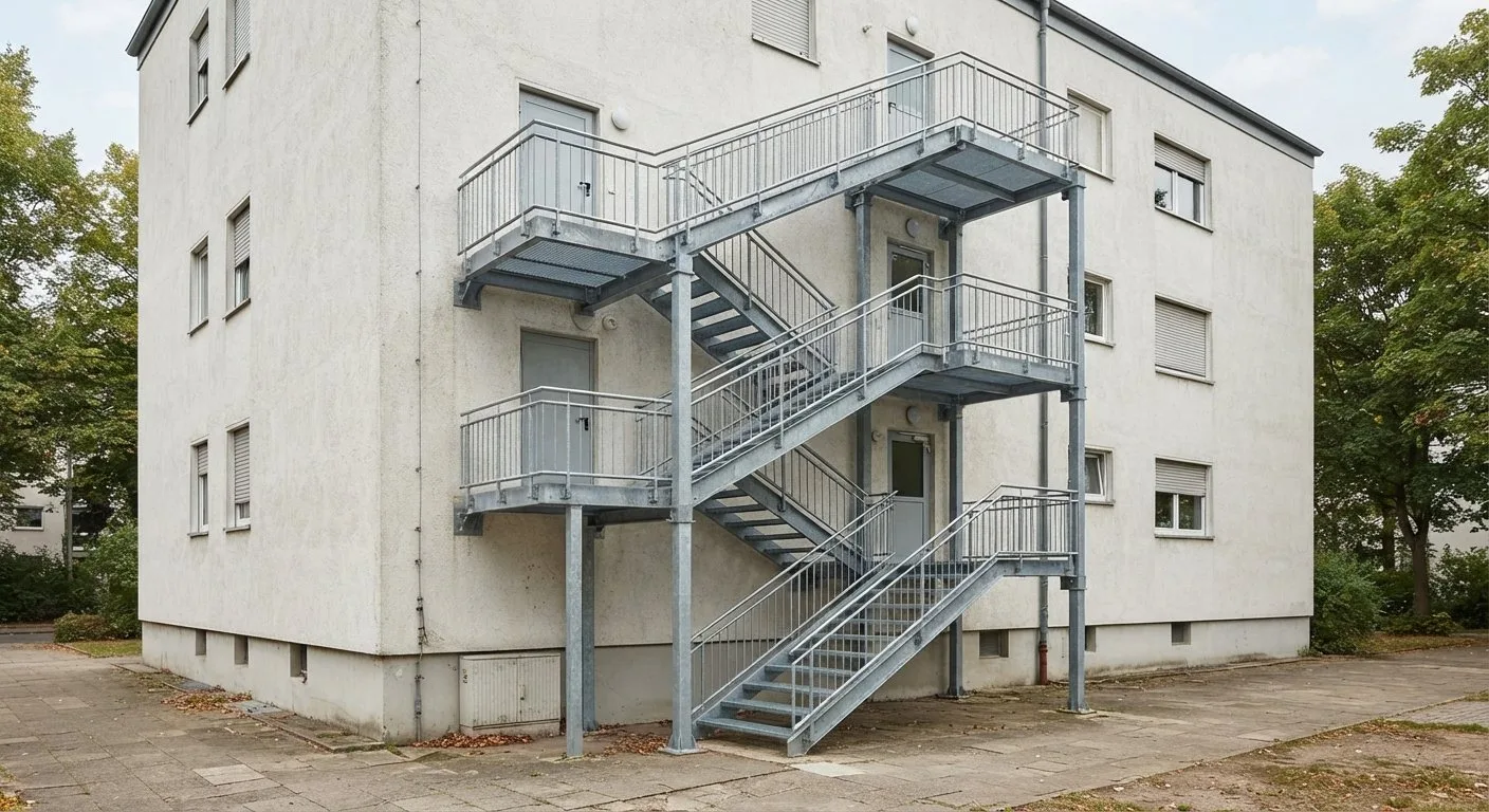 Fluchttreppe aus Stahl an der Außenwand eines mehrgeschossigen Gebäudes