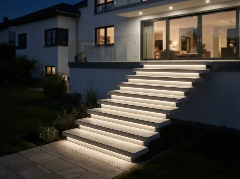 Freitragende Außentreppe mit LED-Beleuchtung unter den Stufen bei Nacht