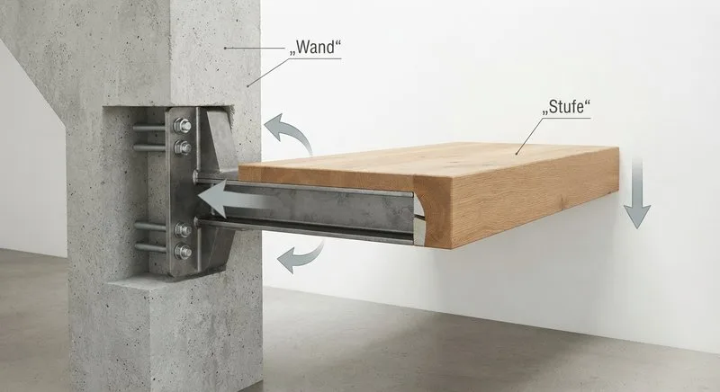Prinzipdarstellung des Kragarm-Prinzips: einseitig in der Wand eingespannte Treppenstufe