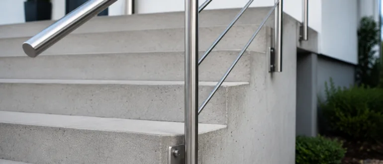 Edelstahl-Geländerpfosten mit seitlicher Montage an einer Treppe