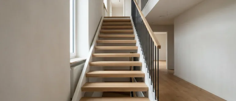 Gerade Treppe mit Holzstufen und offenem Setzstufenbereich in einem modernen Wohnhaus