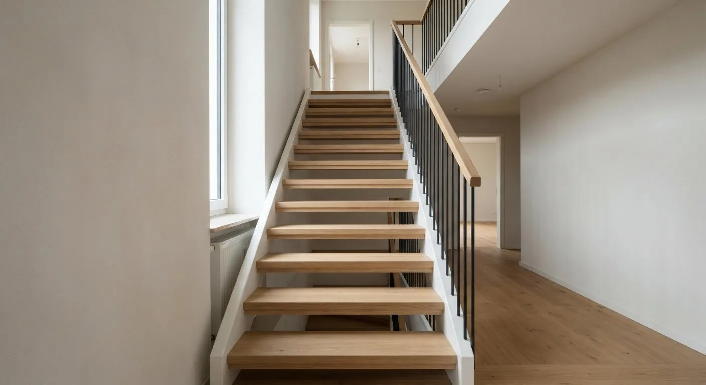 Gerade Treppe mit Holzstufen und offenem Setzstufenbereich in einem modernen Wohnhaus