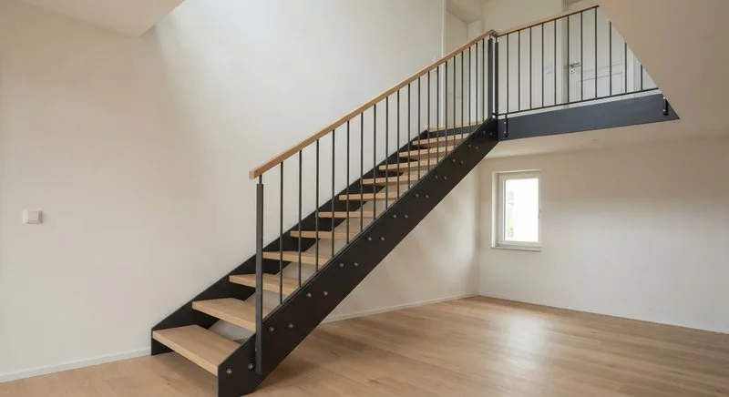 Moderne gerade Treppe mit dunkler Stahlwange und hellen Holzstufen