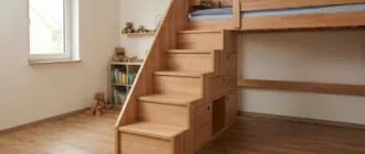Selbstgebaute Hochbett-Treppe mit Stauraum aus Holz