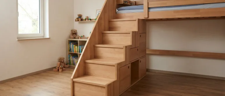 Selbstgebaute Hochbett-Treppe mit Stauraum aus Holz