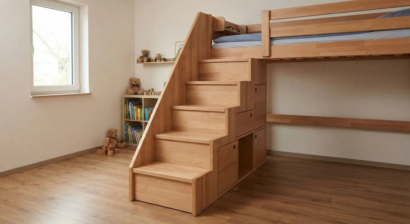 Selbstgebaute Hochbett-Treppe mit Stauraum aus Holz