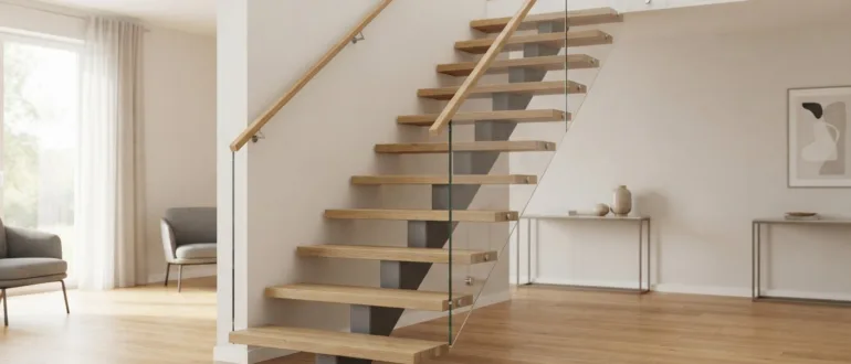 Moderne Mittelholmtreppe mit freischwebend wirkenden Holzstufen