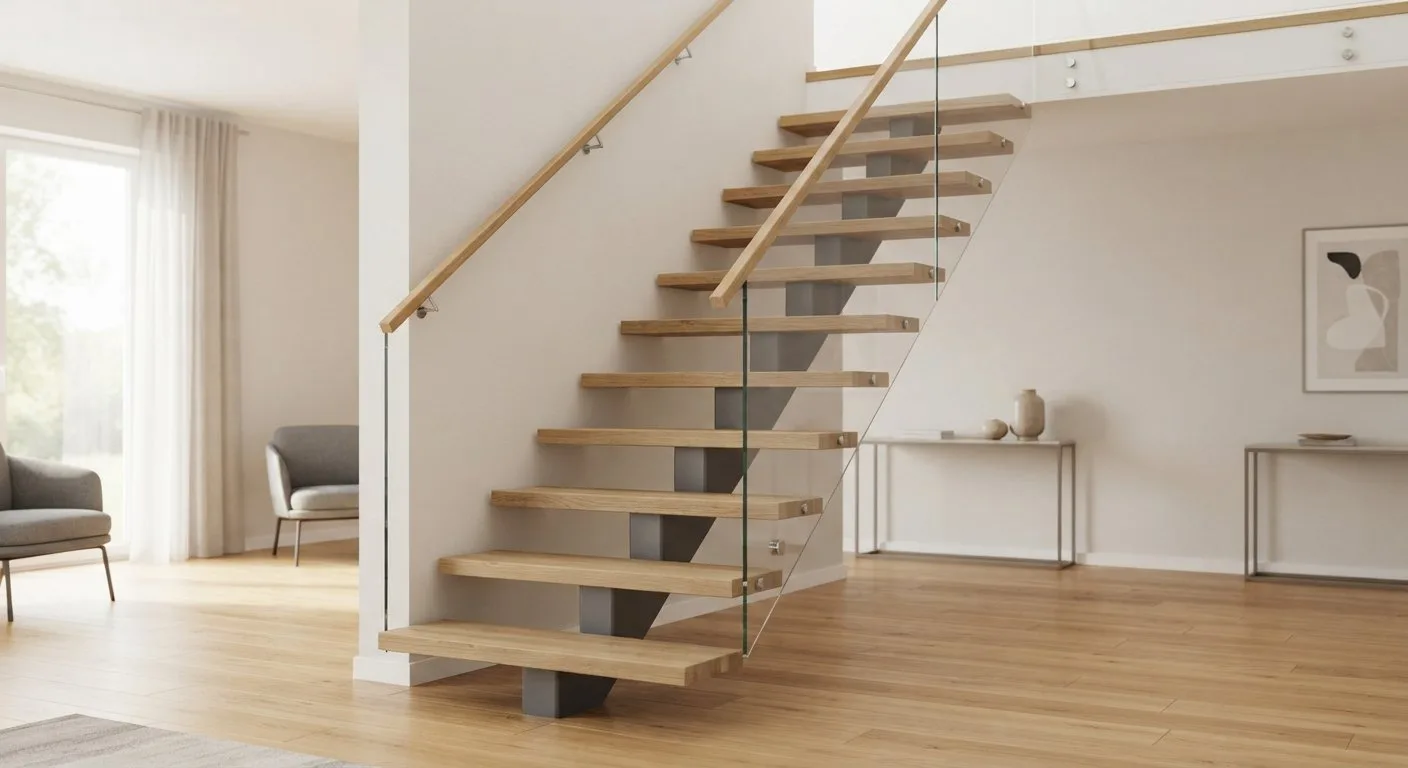 Moderne Mittelholmtreppe mit freischwebend wirkenden Holzstufen