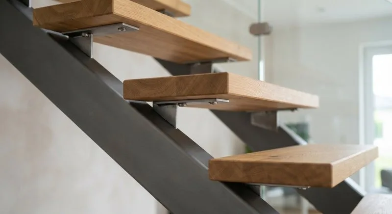 Zweiholmtreppe aus Stahl mit seitlich aufliegenden Holzstufen