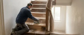 Handwerker beim Abschleifen einer alten Holztreppe mit Schwingschleifer