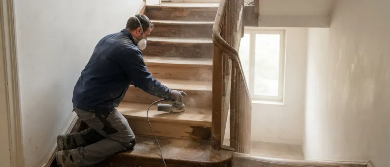 Handwerker beim Abschleifen einer alten Holztreppe mit Schwingschleifer