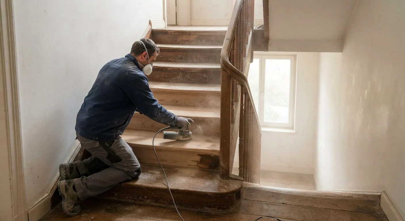 Handwerker beim Abschleifen einer alten Holztreppe mit Schwingschleifer