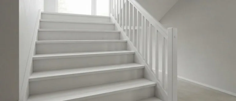Frisch gestrichene weiße Holztreppe in einem hellen Treppenhaus