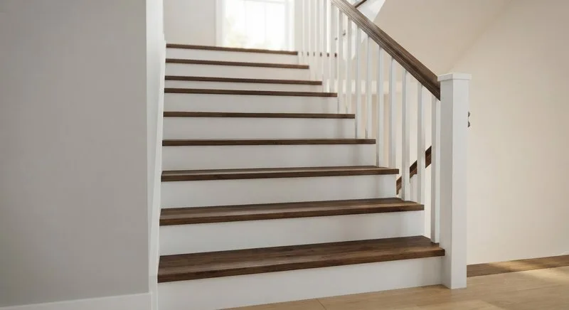 Treppe mit weißen Setzstufen und dunklen Trittstufen im Kontrast