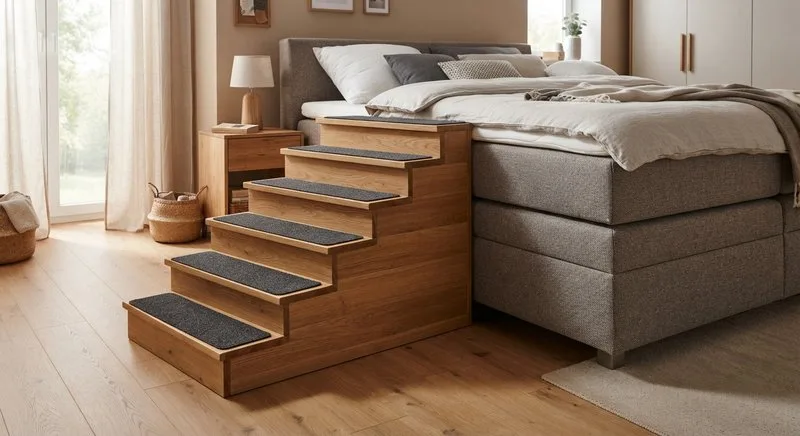 Höhere Hundetreppe am Boxspringbett mit sichtbarer Unterfederung