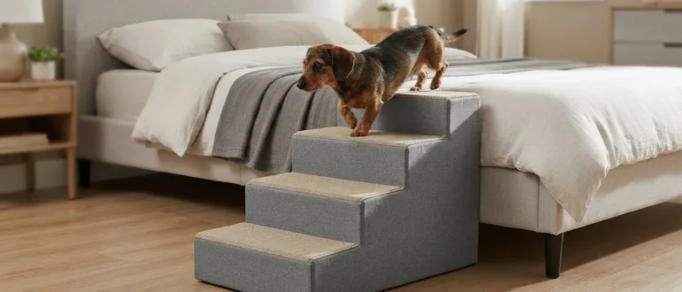 Kleiner Hund nutzt eine Hundetreppe am Bett