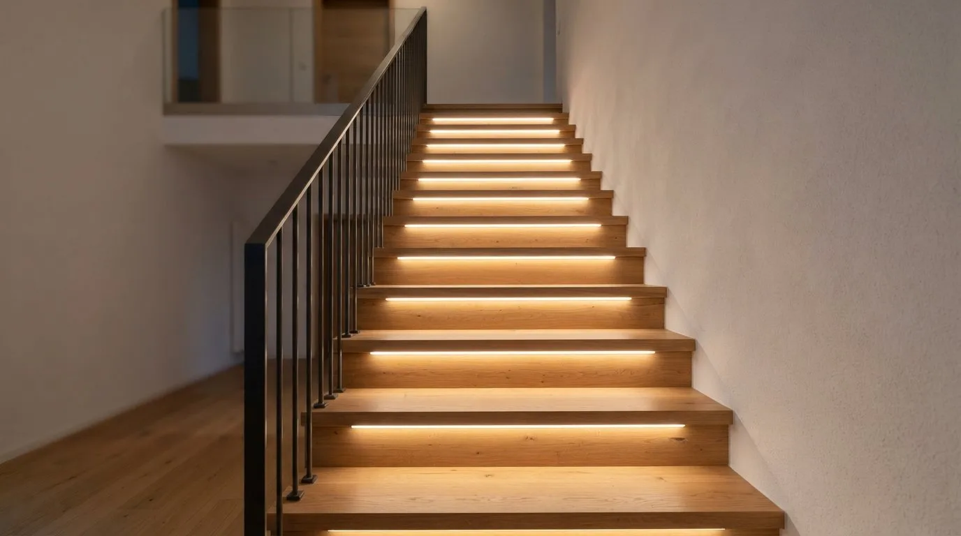 Treppe mit indirekter LED-Beleuchtung entlang der Stufenkanten
