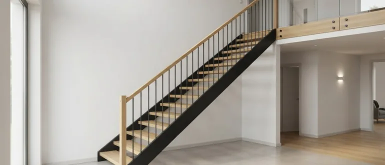 Moderne Innentreppe mit Holzstufen auf einer schlanken Stahlkonstruktion