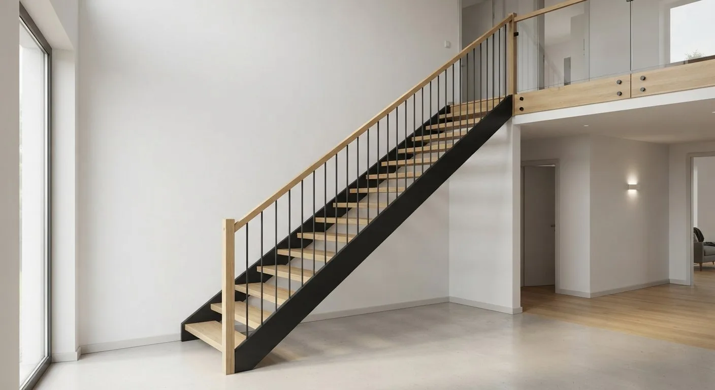 Moderne Innentreppe mit Holzstufen auf einer schlanken Stahlkonstruktion