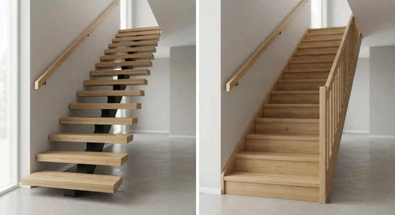 Detailvergleich einer Treppe mit offenen Setzstufen und einer geschlossenen Treppenkonstruktion