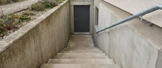 Betontreppe im Freien mit Geländer und Entwässerungsrinne