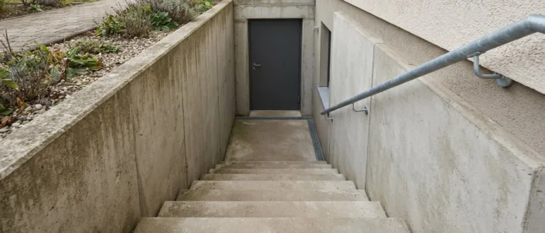 Betontreppe im Freien mit Geländer und Entwässerungsrinne