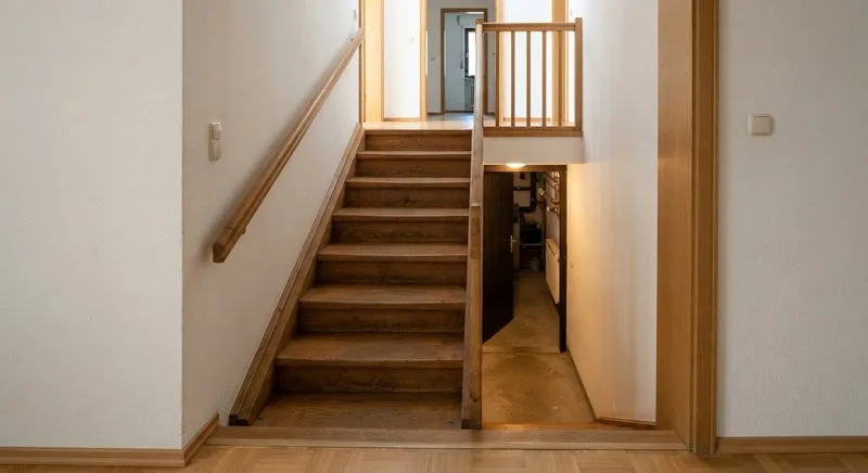 Innentreppe aus Holz, die vom Wohnbereich ins Kellergeschoss führt