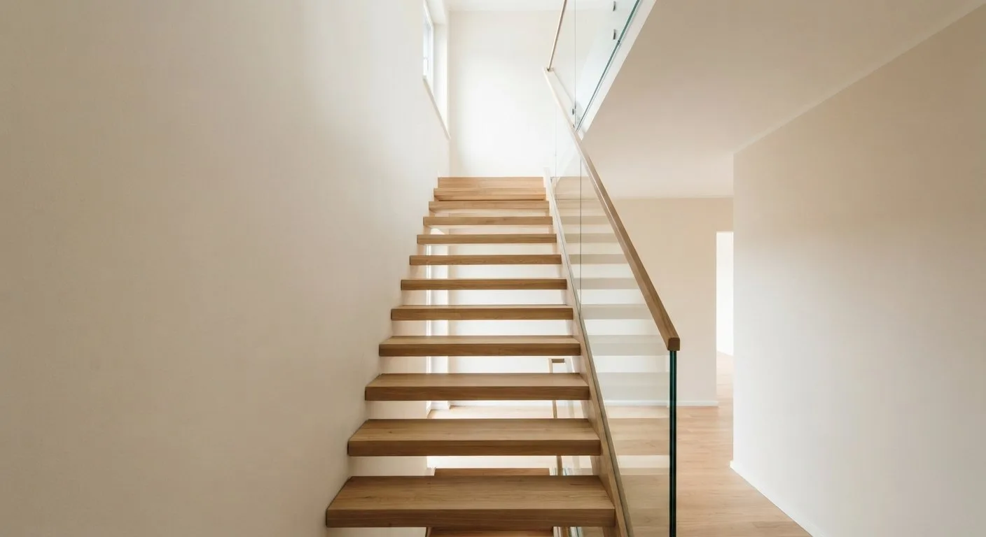 Kleine Treppe mit heller Wandfarbe und transparentem Glasgeländer wirkt optisch größer