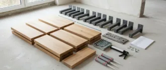 Bausatz-Bauteile einer Kragarmtreppe vor dem Selbsteinbau ausgelegt