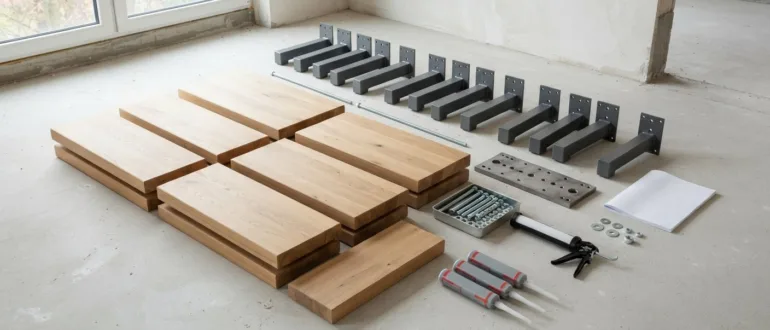 Bausatz-Bauteile einer Kragarmtreppe vor dem Selbsteinbau ausgelegt