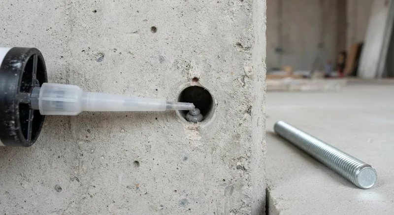 Injektion von Verbundmörtel in ein Bohrloch vor dem Setzen der Gewindestange