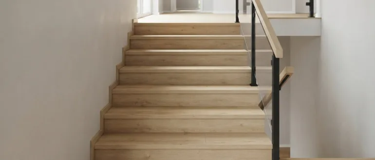 Treppe mit hellem Laminat in Holzoptik verkleidet