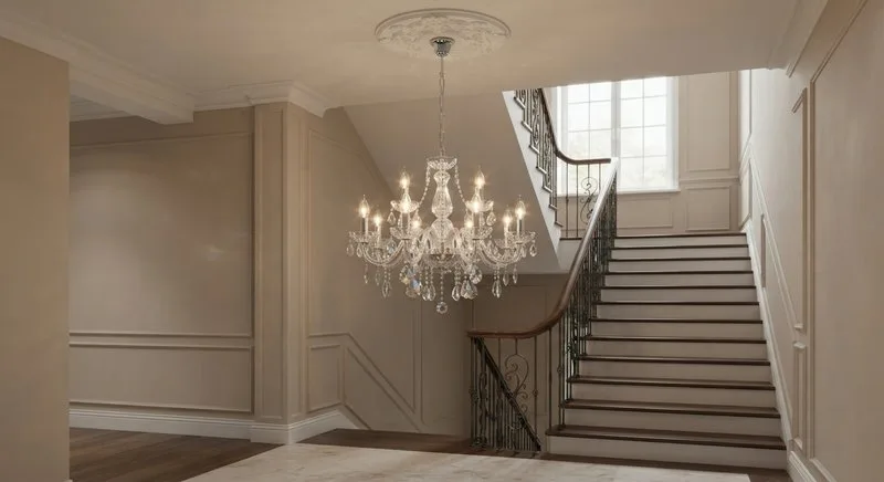 Klassischer Kronleuchter mit Kristallelementen über einer Treppe