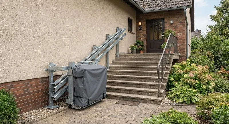 Wetterfester Plattformlift an einer Außentreppe mit Abdeckung