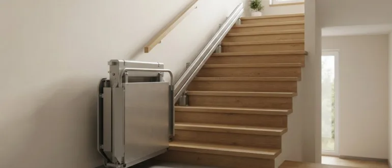 Plattformlift mit breiter Plattform an einer Innentreppe
