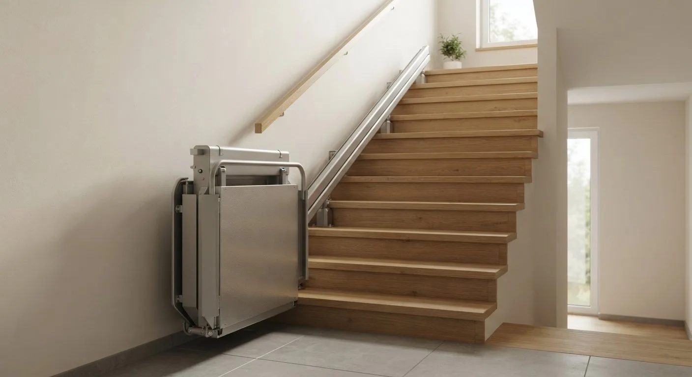Plattformlift mit breiter Plattform an einer Innentreppe