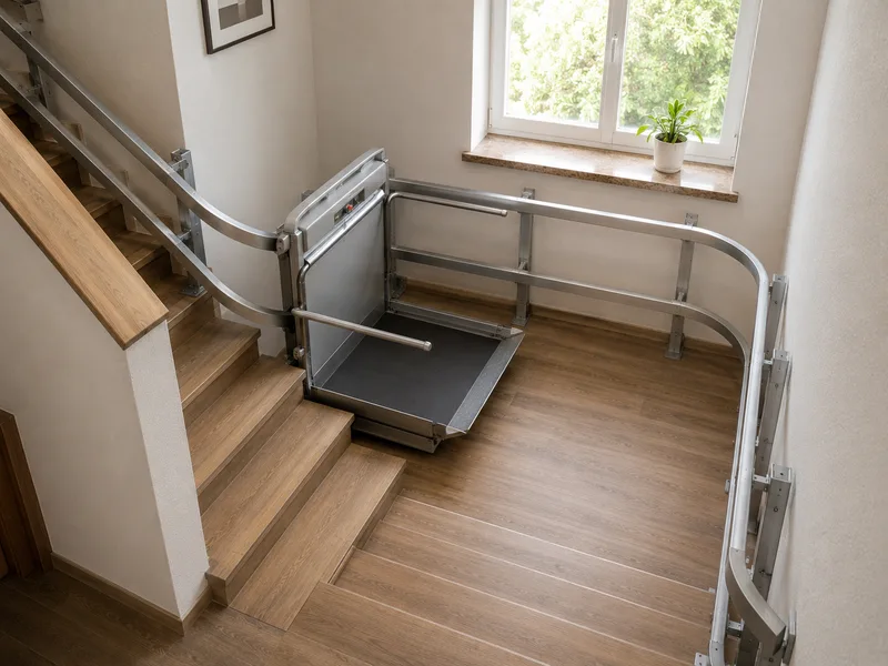 Plattformlift an kurviger Treppe mit geschwungener Schienenführung